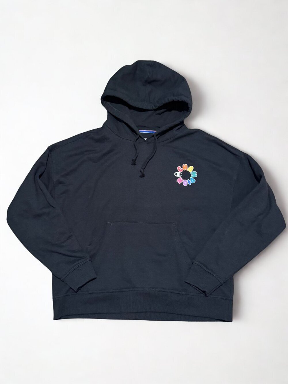 Champion Multicolor Embroidered Spellout Logo Hoodie Black Size L